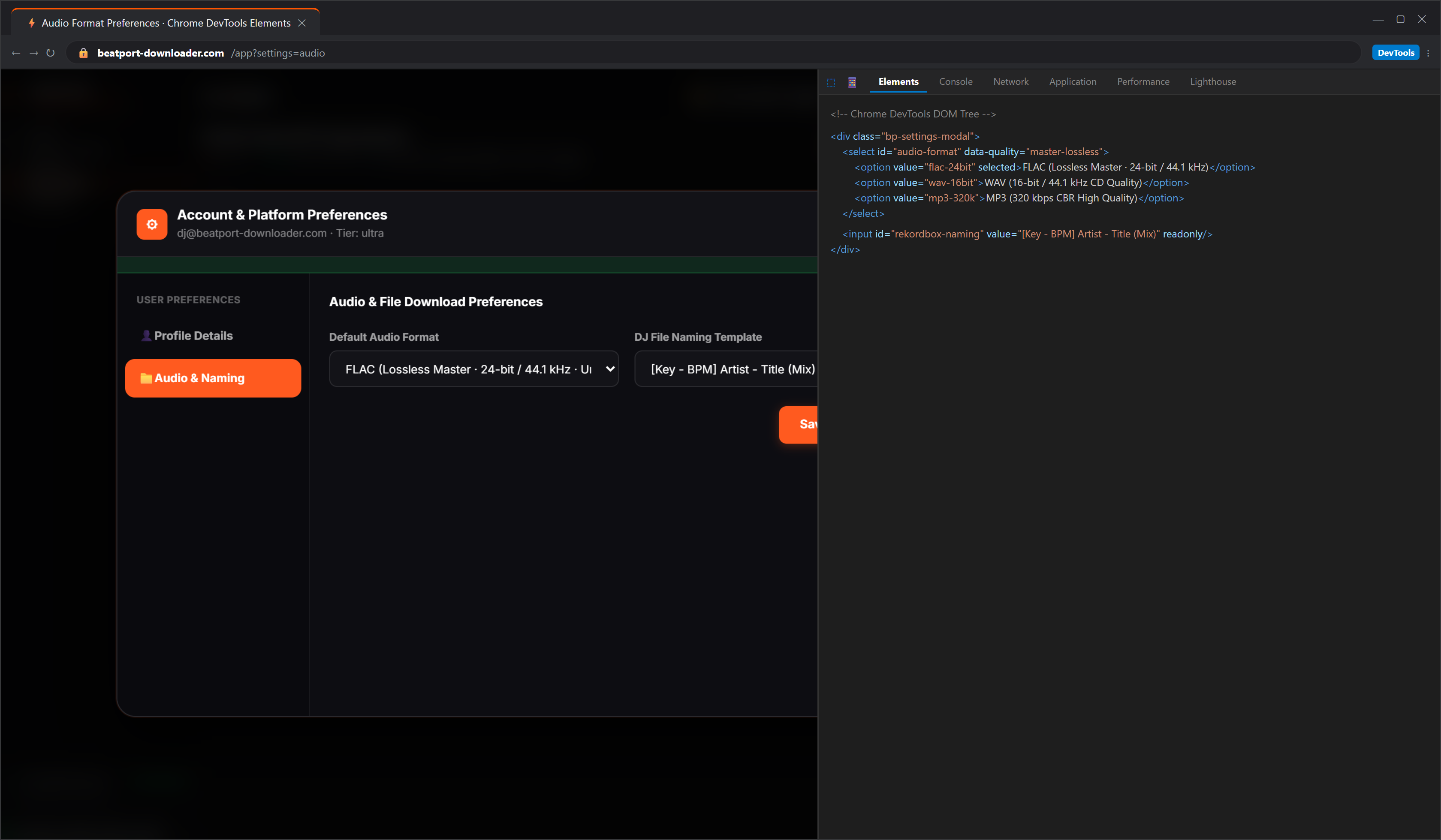 Beatport Downloader Audio Codec Selection Interface Showing 24-bit FLAC, WAV, and AIFF Options